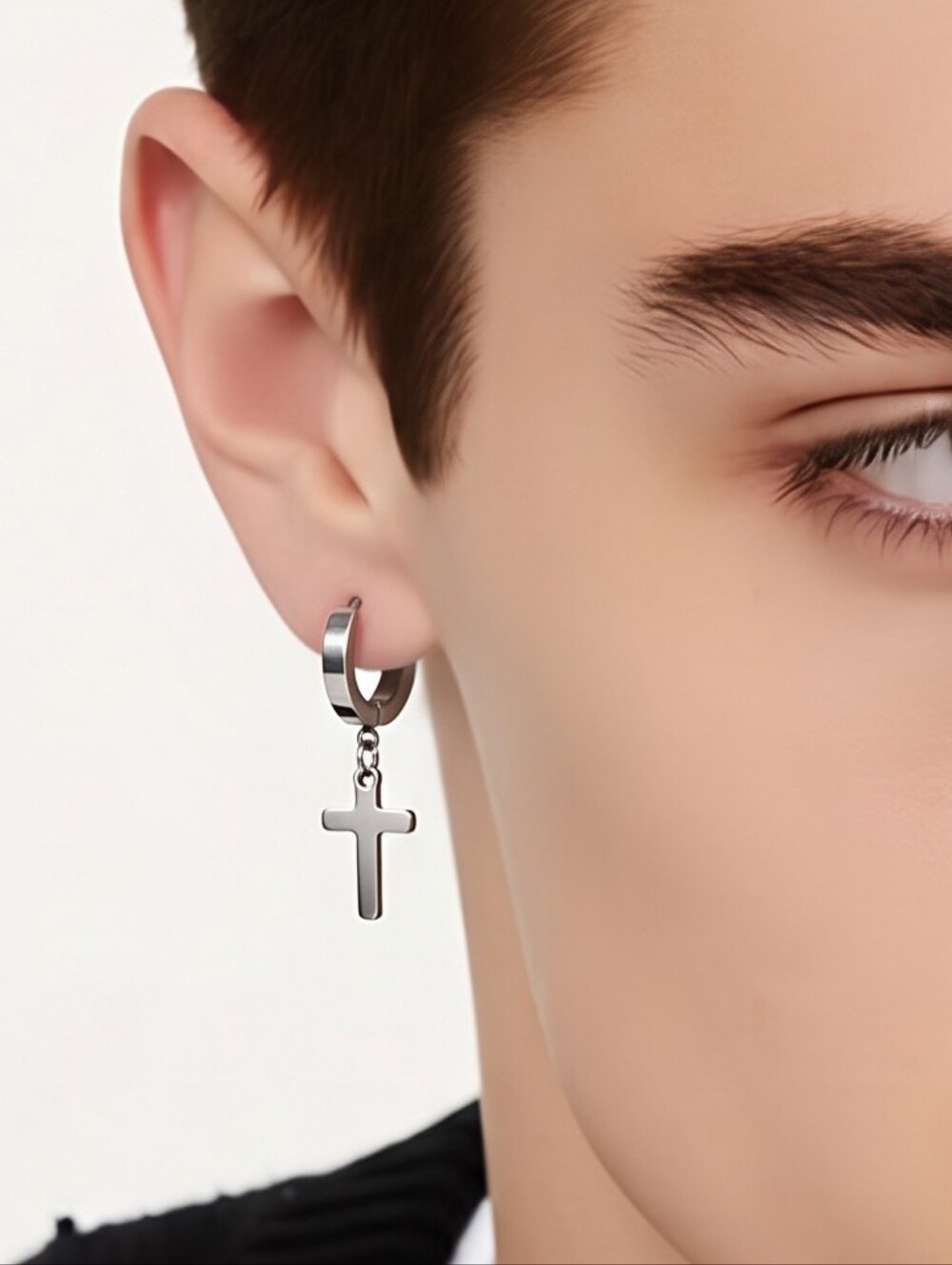 3pc Cross Huggie Hoop Earrings Stainless Steel Black Gold Silver Dangle Men's